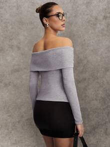 Avenya Grey,Autumn,Chic,Night Out Women's Off Shoulder Folded Button Slit Hem Long Sleeve Top,Imitation Woolen Ribbed Office Siren Minimalist Elegant Top - Grey - View 7