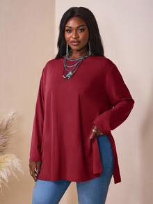 SHEIN CURVE+ Áo thun dáng rộng tay dài cổ tròn trễ vai nhiều màu sắc cỡ lớn, quần áo mùa hè cho nữ, mùa đông, đường cong PLUS - Màu Đỏ Sâu - Xem 4