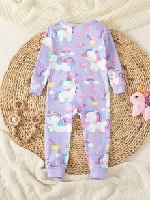 Infant & Baby Girl Elegant Floral Print Long Sleeve Jumpsuit, Comfortable & Stylish Loungewear Snug Fit Baby Casual Zipper Jumpsuit With Zipper For Baby Baby Girl Pajamas Zipper Unicorn Baby Clothes - Purple - View 2