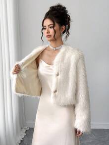 2件套少女米色蓬松短外套和奶油色亮面吊带裙，优雅淑女 - 杏色 - 查看 5