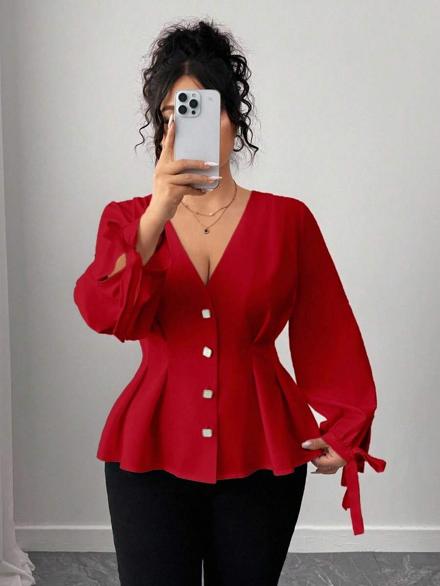 Elenzga Kemeja Natal Ukuran Besar Modis dengan Pinggang Ramping dan Bagian Bawah Mengembang, Warna Terang Elegan, Desain Kancing - Merah - View 1