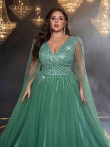 Glamrae Plus Size Elegant Luxury Green Beaded Sequin Contrast Mesh Sheer Extra Long Sleeve Flowing Maxi Dress Suitable For Weddings, Events, Parties, Formal Occasions, Wedding Guest Party Winter Evening Dress - Green - View 5