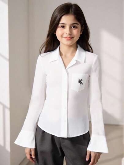 1 件女童白衬衫，韩版设计，适合春、夏、秋季的儿童衬衫，适合正式场合、学校，可分层穿着或单独穿着，适合表演和日常穿着