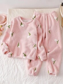 2pcs Girls Cute & Elegant Floral Embroidery Crew Neck Long Sleeve Top And Pants Homewear Set Fall Winter