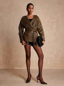 Lyxana Áo khoác da PU tay dài thời trang đường phố dành cho nữ - màu nâu - Xem 4