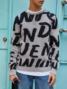 Manfinity CasualKnits Men's Letter Pattern Crew Neck Long Sleeve Sweater, For Fall Winter - Multicolor - View 1