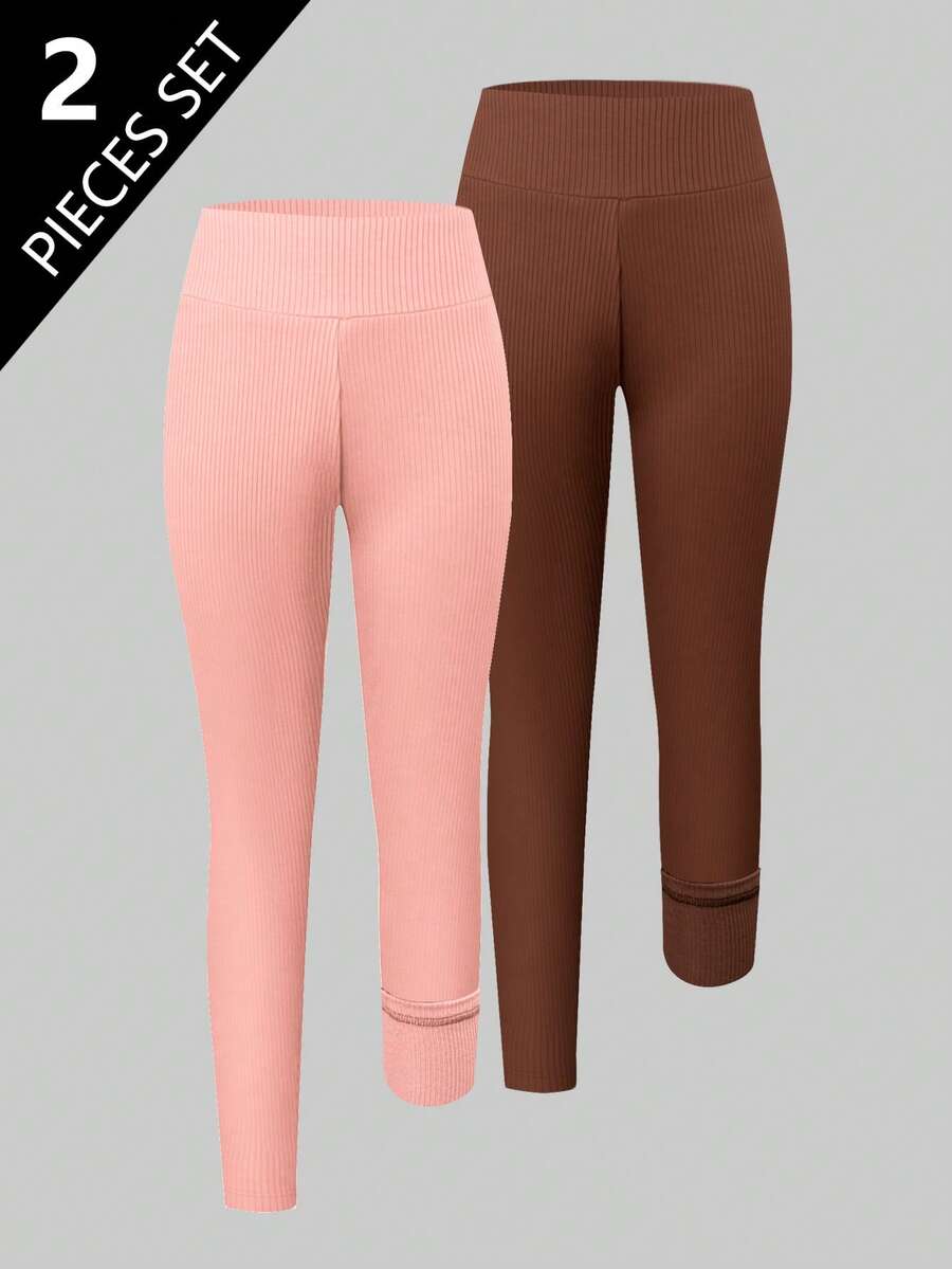 2 Colors Combination Girls' Long Leggings - Coffee Brown - View 1
