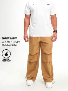 Pantalones casuales sueltos de pierna ancha con cintura elástica y pliegues para hombres, color marrón - Marrón - Ver 2