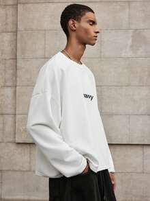 SWAVVY Moletom masculino com estampa de letras, gola redonda, manga comprida - Branco - Ver 4
