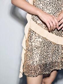 Lumivelle Party Style Two-Tone Sequin Mini Dress, Draped Neck Design, Chiffon Ruffle Hem Patchwork - Apricot - View 6