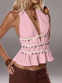 TRNVIE 女式休闲度假杏色露背深 V 流苏贝壳串珠纹理褶饰荷叶边露背海滩度假吊带背心，适合秋冬季亮片装饰派对分层上衣 - 粉色 - 查看 1