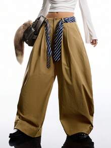 LYSMO Quần dài xếp ly rộng rãi, màu trơn, mặc hàng ngày cho nữ, mùa thu - Màu Khaki - Xem 4