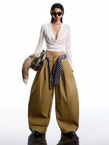 LYSMO Quần dài xếp ly rộng rãi, màu trơn, mặc hàng ngày cho nữ, mùa thu - Màu Khaki - Xem 5