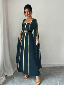Rafferiza Gold Woven Belt Luxury Sequin Beaded Formal Dress Long Sleeve Split Dress - Iron Gray - View 4