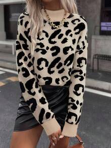 EMERY ROSE Sweater Pullover Lengan Panjang Kasual Leher Bulat Motif Leopard untuk Wanita - MultiWarna - View 4