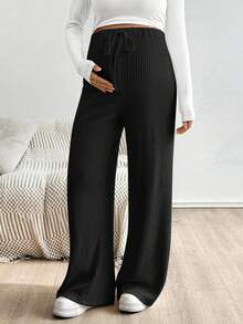 SHEIN 孕妇抽绳腰部松紧腰纯色阔腿裤 - 黑色 - 查看 6