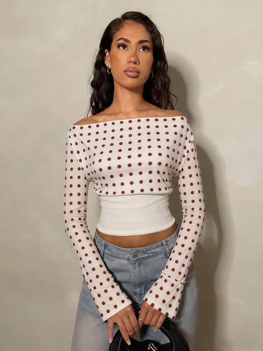 Glamine Áo thun dài tay lệch vai in họa tiết chấm bi cho nữ, mùa thu - trắng - Xem 1
