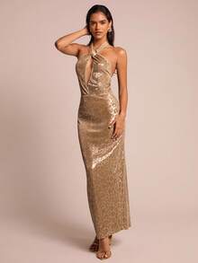 Glamine Women's Shell Decor Sleeveless Elegant Leopard Print Maxi Dress,Gold,Summer,70s,Night Out,Party,Chic Sparkly Shiny Long Dress,Halloween - Brown - View 7