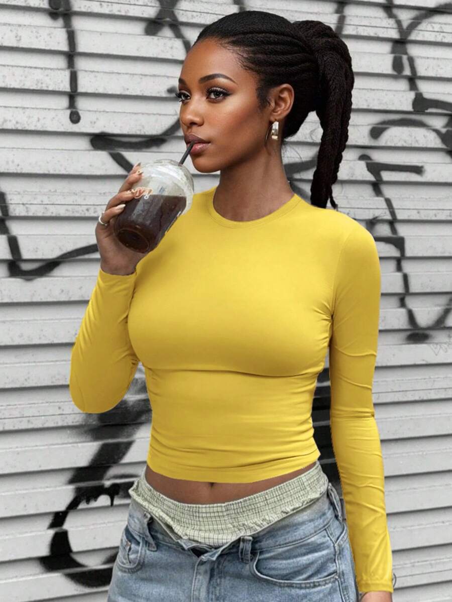 INAWLY Áo thun dài tay dáng ôm màu trơn đơn giản cho nữ, mùa thu - Màu vàng - Xem 1
