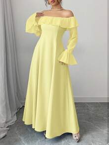 Elenzga Vestido largo elegante con hombros descubiertos para mujer de talla grande - Amarillo - Ver 5