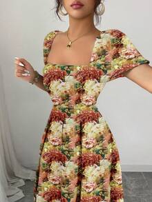 Elenzga Vestido feminino elegante com manga bufante bordada, tamanho padrão, verão