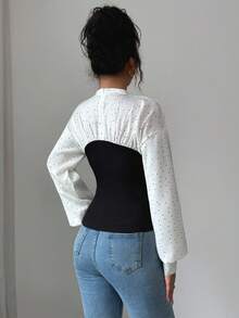 SHEIN Elenzya Women's Elegant Casual Polka Dot Patchwork Stand Collar Lantern Sleeve Pleated Blouse, Suitable For Women's Daily Life, Work, Commuting, Autumn/Winter Season - Black and White - View 2