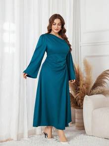 Lacomfia Elegant Solid Color Asymmetrical Neck Straight Sleeve Ruched Waist A-Line Plus Size Midi Dress, Spring/Autumn - Dark Green - View 3