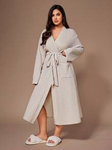 SHEIN Plus Size Women Casual Striped Jacquard Knit Long Sleeve Pockets Robe, For Fall Women Robe, Cozy Outfit