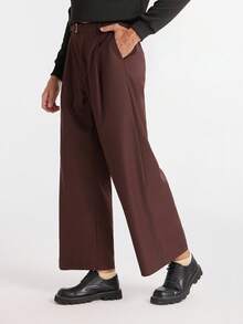 Manfinity Dauomo Pantalones anchos casuales para hombres con pliegues y hebilla en la cintura, deunicoloro, adecuados para el trabajo y el transporte, otoño - Marrón - Ver 4