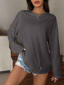 SHEIN EZwear 加大码宽松圆领长袖 T 恤，深灰色 - 深灰色 - 查看 1