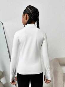 SHEIN Tween Girl Zip Up Thumb Holes Sports Jacket - White - View 2