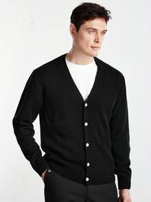 Manfinity CityGents Men's Solid Color V-Neck Drop Shoulder Long Sleeve Casual Button-Front Cardigan, Versatile, For Fall Winter