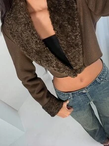 SHEIN Unity 1 Áo khoác ngắn cổ chữ V thắt eo phối lông gấu bông màu nâu dành cho nữ, thích hợp mặc hàng ngày, đi làm, thường ngày - Cà phê nâu - Xem 3