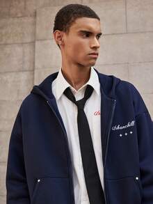 SWAVVY Men's Casual Daily Commute Fashion Street Hoodie With Letter & Number Embroidery, Zip-Up Front, Spring/Autumn, For Fall Winter - Blue - View 7