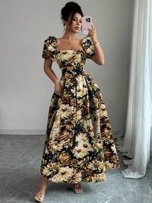 Elenzga Vestido de verano elegante con mangas abullonadas y bordado para mujer, talla estándar