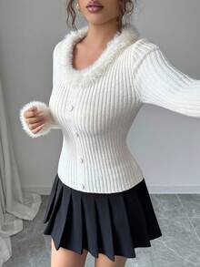 SHEIN Elenzya Women's Casual Solid Color Fur Collar Fitted Button Sweater, Autumn/Winter - Apricot - View 5