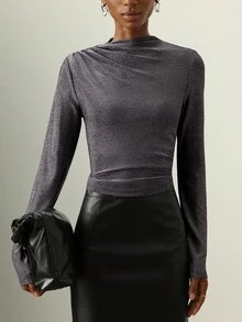 Vesra 女式优雅褶饰修身长袖T恤，秋季 - 黑色 - 查看 1