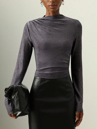 SHEIN Veneréa 女式优雅褶饰修身长袖T恤，秋季