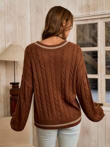 LanaWest Contrast Color V-Neck Twist Knit Casual Pullover Sweater, Versatile For Autumn/Winter - Brown - View 2