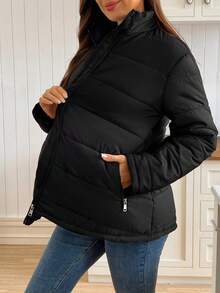 SHEIN 纯色休闲长款孕妇拉链加厚外套，冬季 - 黑色 - 查看 5