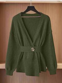 GlowEve Women's Autumn/Winter Minimalist Elegant Criss-Cross Wrap Asymmetric Hem Cardigan - Olive Green - View 5