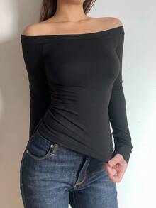 SHEIN BASICS Women's Casual Off Shoulder Long Sleeve Fitted T-Shirt, Suitable For Autumn/Winter, 95% Cotton,Black Tops - Black - View 2