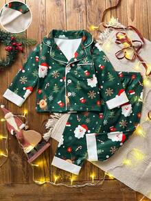 2 件套幼儿男童圣诞主题休闲宽松长袖开衫和裤子睡衣套装 - 綠色 - 查看 7