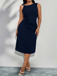 SHEIN Elenzya 大码女式无袖腰部收紧金属扣连衣裙 - 寶藍色 - 查看 3