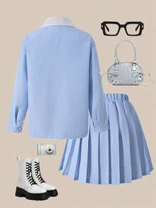 SHEIN Explorewe Tween Girls Blue Striped Collar White Long Sleeve Shirt, Blue & White Striped Pleated Skirt, Fashion Casual Versatile Autumn/Winter Shirt & Skirt Set, Can Be Paired With Jacket, Coat Fall - Blue - View 4