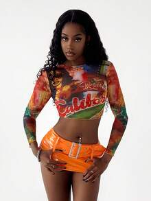 Amplova 2件套女士全印花圆领长袖上衣和纯色迷你裙 - 橘色 - 查看 2