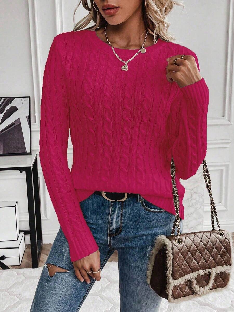 EMERY ROSE Suéter de cuello redondo de punto de cable de unicolor casual, otoño/invierno - Rosa Fucsia - Ver 1