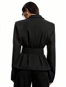 LYSMO 2025新款极简秋冬女式纯色腰带荷叶边下摆前扣长袖西装外套黑色女式西装套装女士职业装黑色套装女式裙装 - 黑色 - 查看 2