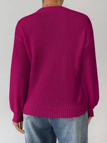 SHEIN LUNE 宽松圆领灯笼袖落肩针织毛衣 - Bold Plum - 查看 2