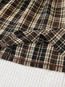 SHEIN 少女宽松休闲简约舒适圆领长袖纯色拼接格子连衣裙